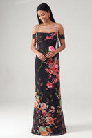 Load image into Gallery viewer, Black Floral Off the Shoulder Ruched Beaded Long Mermaid Formal Dress with Cape