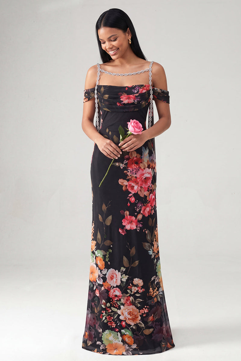Load image into Gallery viewer, Black Floral Off the Shoulder Ruched Beaded Long Mermaid Formal Dress with Cape