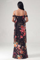 Load image into Gallery viewer, Black Floral Off the Shoulder Ruched Beaded Long Mermaid Formal Dress with Cape