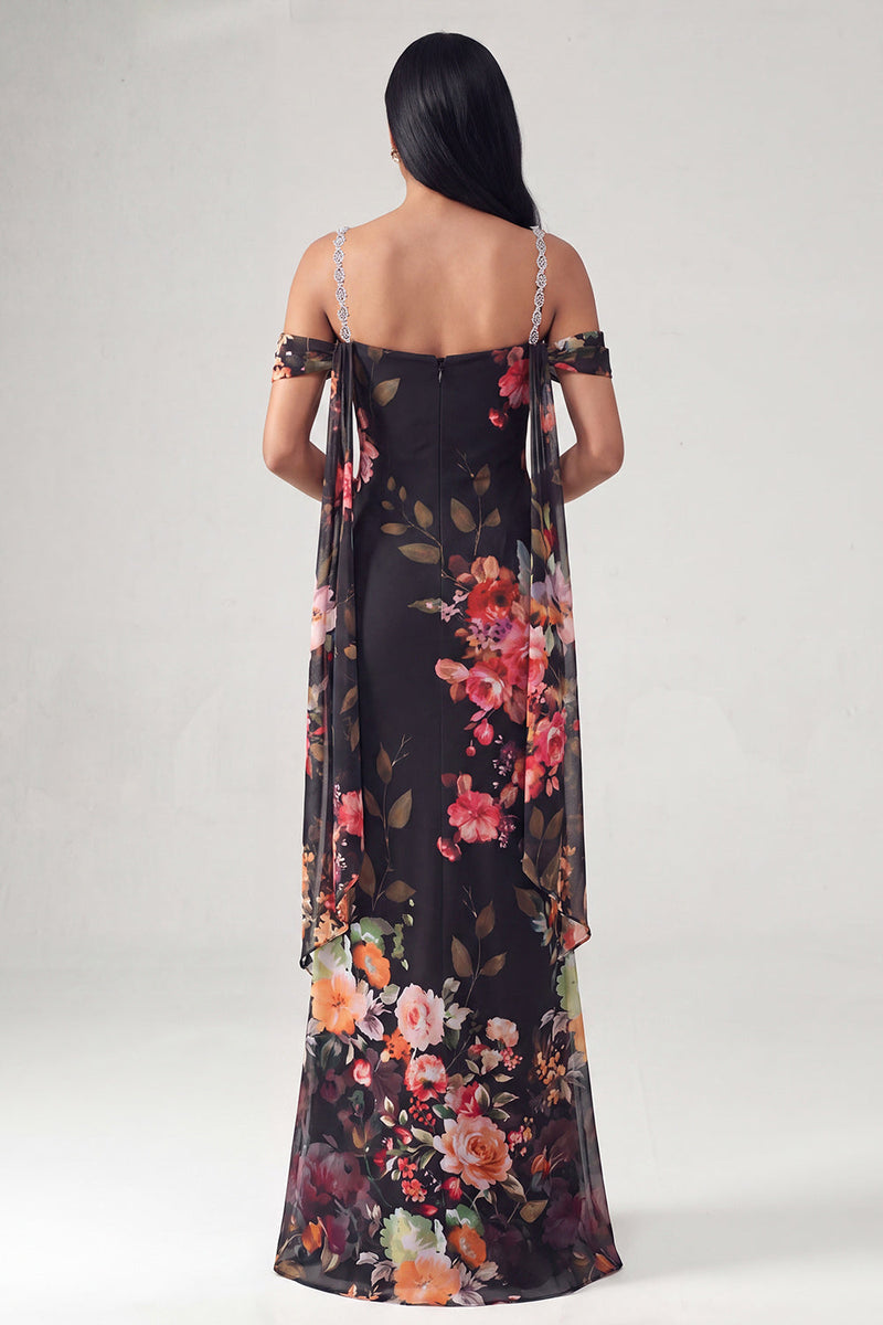 Load image into Gallery viewer, Black Floral Off the Shoulder Ruched Beaded Long Mermaid Formal Dress with Cape