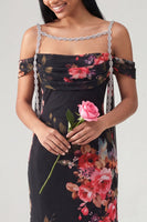 Load image into Gallery viewer, Black Floral Off the Shoulder Ruched Beaded Long Mermaid Formal Dress with Cape