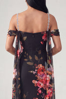 Load image into Gallery viewer, Black Floral Off the Shoulder Ruched Beaded Long Mermaid Formal Dress with Cape