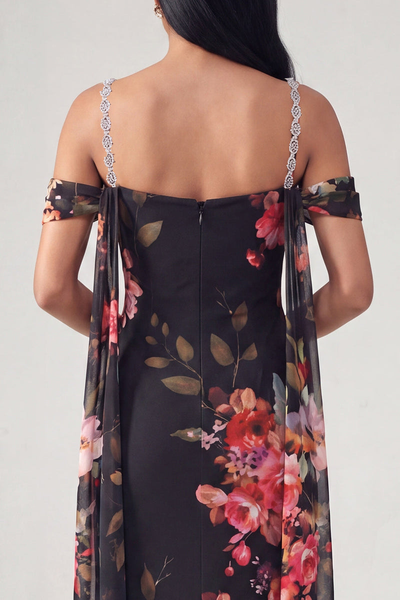 Load image into Gallery viewer, Black Floral Off the Shoulder Ruched Beaded Long Mermaid Formal Dress with Cape
