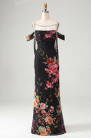 Load image into Gallery viewer, Black Floral Off the Shoulder Ruched Beaded Long Mermaid Formal Dress with Cape