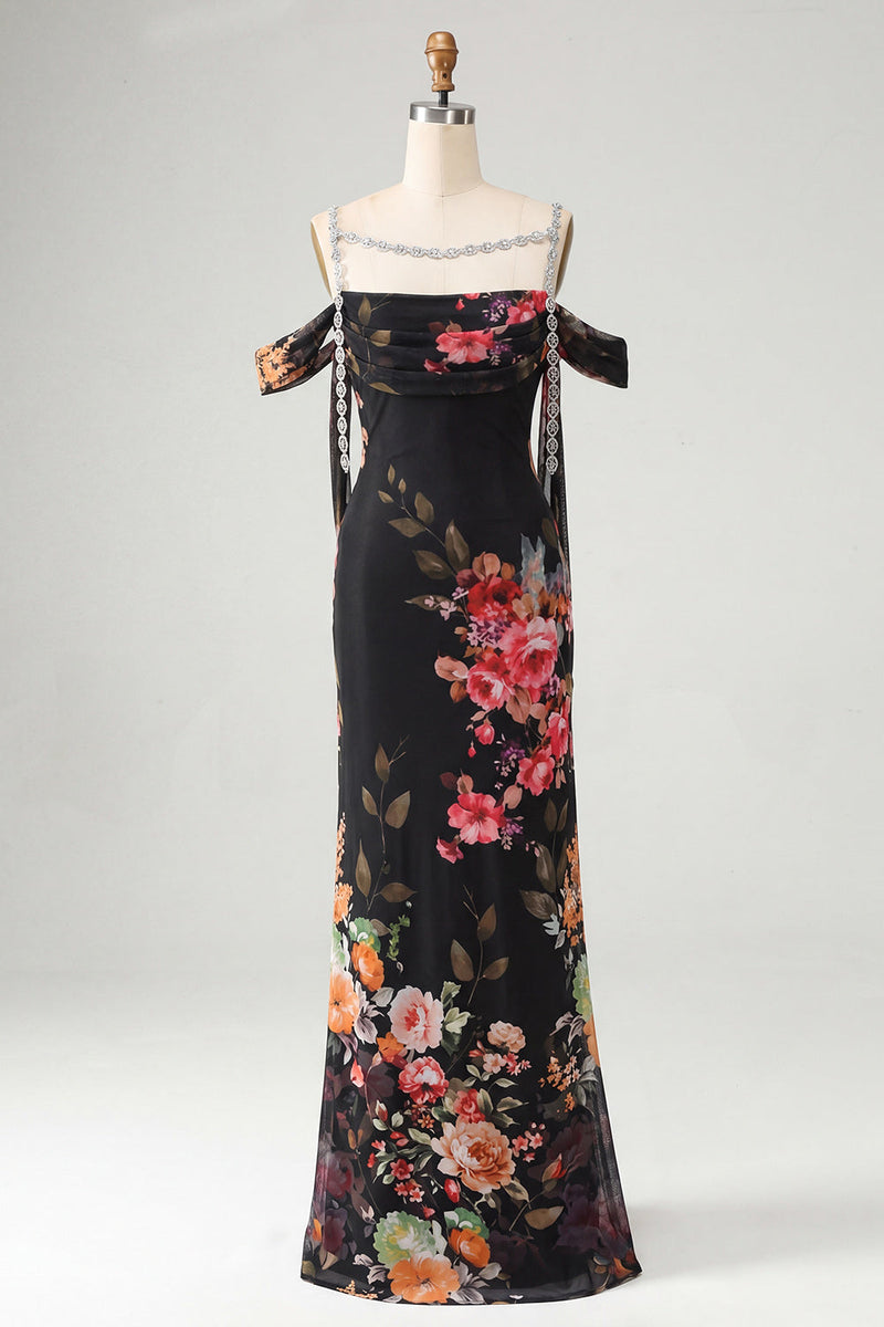 Load image into Gallery viewer, Black Floral Off the Shoulder Ruched Beaded Long Mermaid Formal Dress with Cape