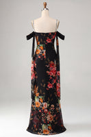Load image into Gallery viewer, Black Floral Off the Shoulder Ruched Beaded Long Mermaid Formal Dress with Cape