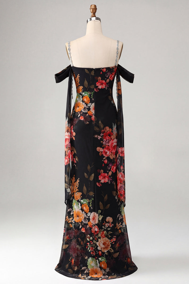 Load image into Gallery viewer, Black Floral Off the Shoulder Ruched Beaded Long Mermaid Formal Dress with Cape