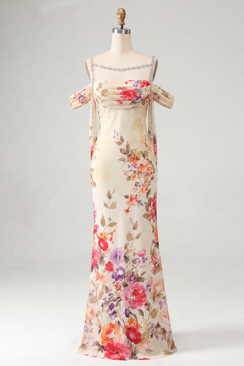 Load image into Gallery viewer, Black Floral Off the Shoulder Ruched Beaded Long Mermaid Formal Dress with Cape