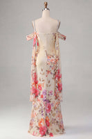 Load image into Gallery viewer, Black Floral Off the Shoulder Ruched Beaded Long Mermaid Formal Dress with Cape