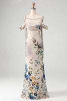 Load image into Gallery viewer, Black Floral Off the Shoulder Ruched Beaded Long Mermaid Formal Dress with Cape