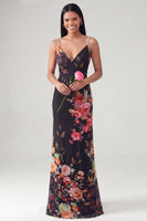 Load image into Gallery viewer, V-Neck Black Mermaid Floral Long Formal Dress with Beading