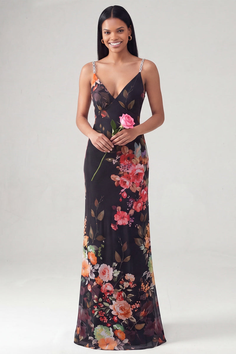 Load image into Gallery viewer, V-Neck Black Mermaid Floral Long Formal Dress with Beading