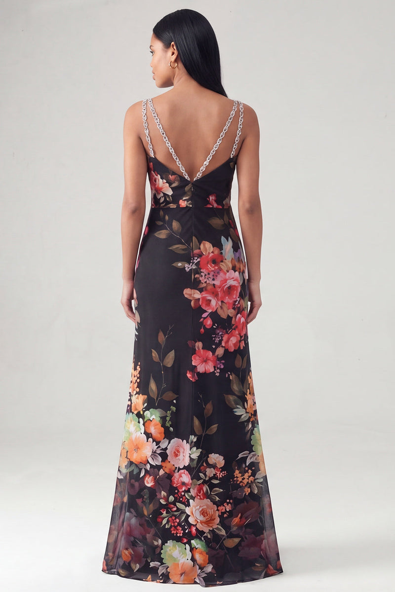 Load image into Gallery viewer, V-Neck Black Mermaid Floral Long Formal Dress with Beading