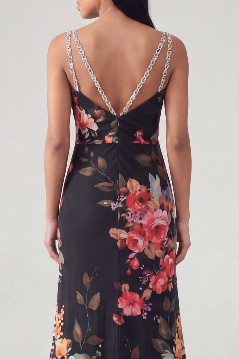 Load image into Gallery viewer, V-Neck Black Mermaid Floral Long Formal Dress with Beading