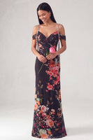Load image into Gallery viewer, Off the Shoulder Ruched Black Floral Mermaid Long Formal Dress with Beading