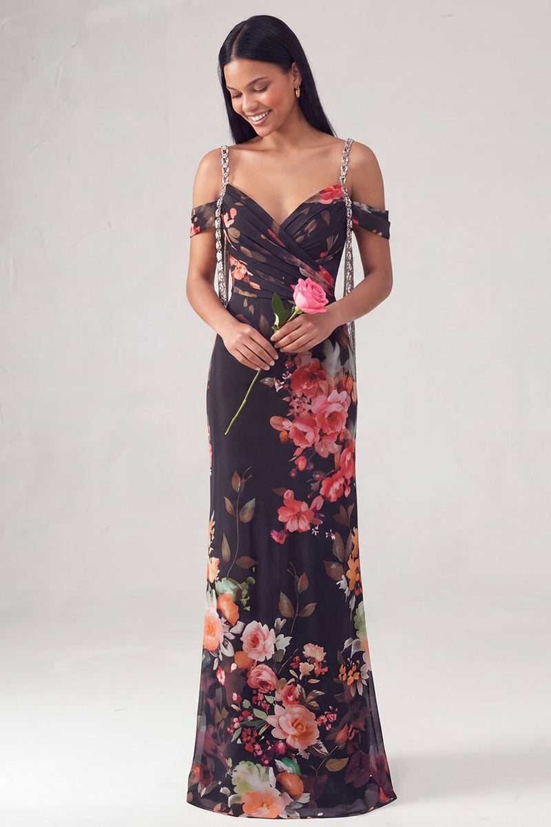 Load image into Gallery viewer, Off the Shoulder Ruched Black Floral Mermaid Long Formal Dress with Beading