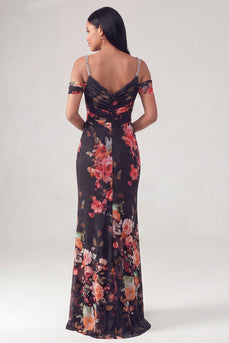 Off the Shoulder Ruched Black Floral Mermaid Long Formal Dress with Beading