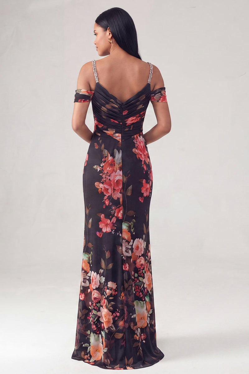 Load image into Gallery viewer, Off the Shoulder Ruched Black Floral Mermaid Long Formal Dress with Beading