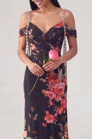Load image into Gallery viewer, Off the Shoulder Ruched Black Floral Mermaid Long Formal Dress with Beading