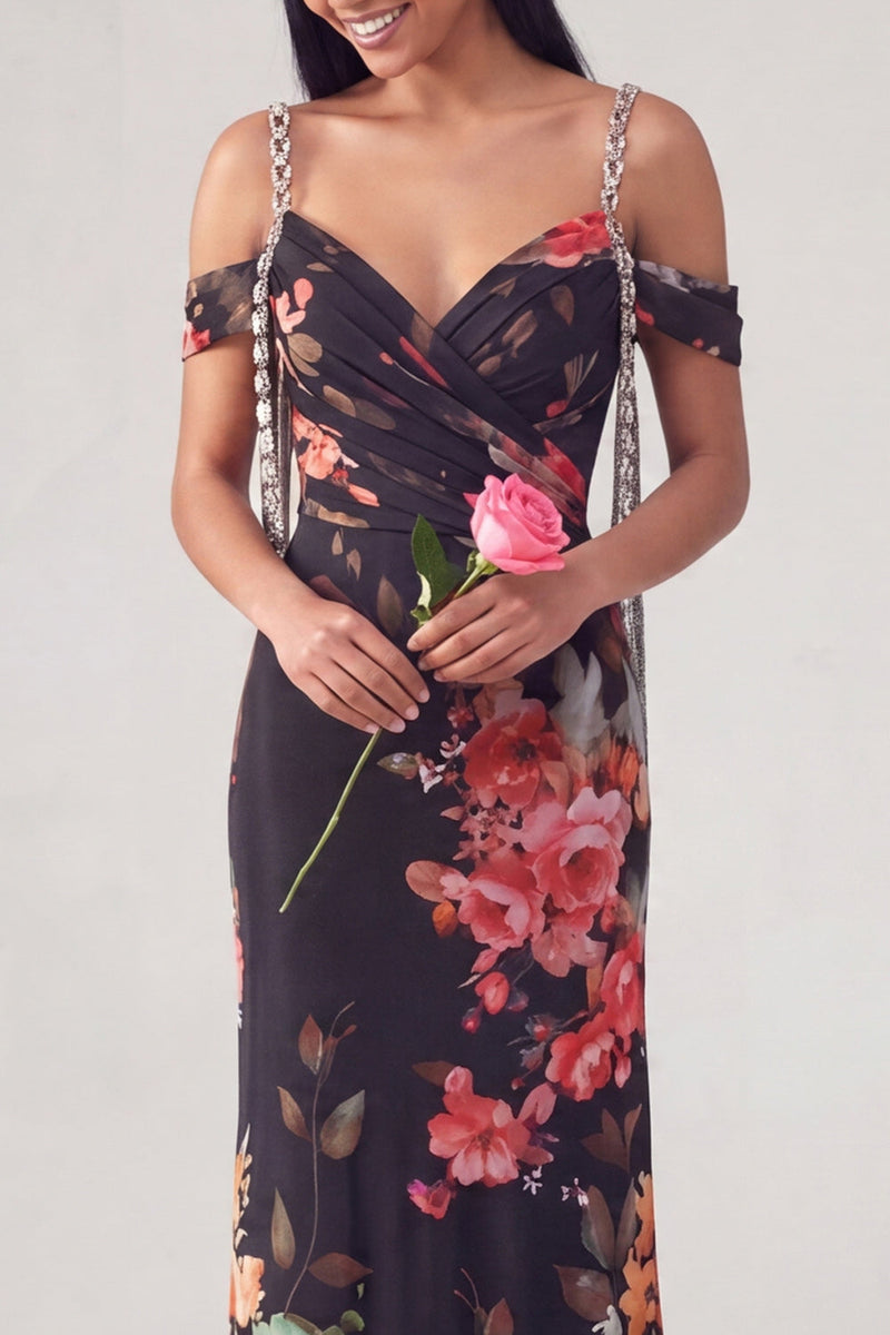 Load image into Gallery viewer, Off the Shoulder Ruched Black Floral Mermaid Long Formal Dress with Beading