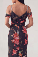 Load image into Gallery viewer, Off the Shoulder Ruched Black Floral Mermaid Long Formal Dress with Beading