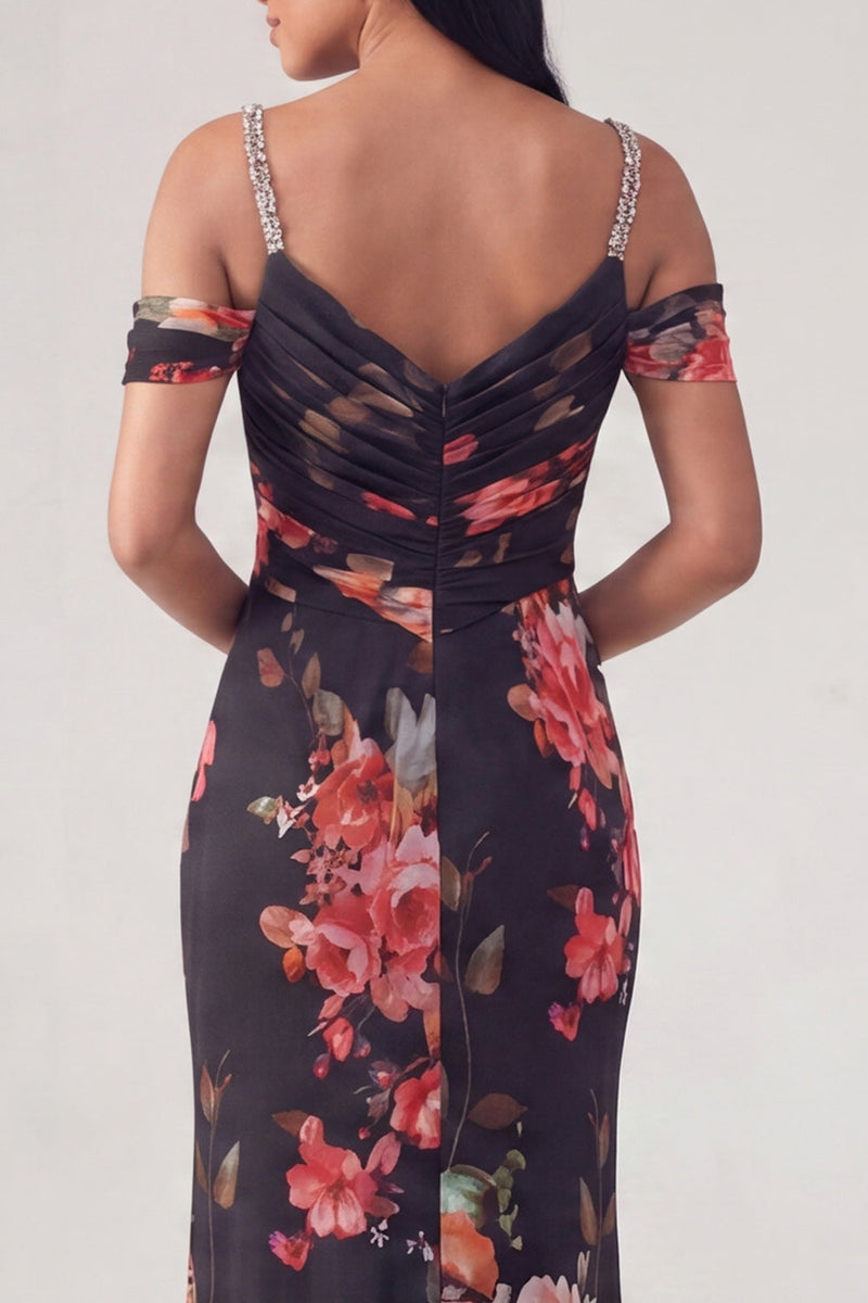 Load image into Gallery viewer, Off the Shoulder Ruched Black Floral Mermaid Long Formal Dress with Beading