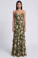 Load image into Gallery viewer, Dark Green Floral Spaghetti Straps Long A Line Formal Dress with Ruffles