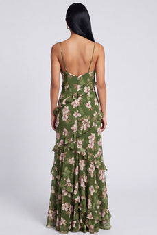 Dark Green Floral Spaghetti Straps Long A Line Formal Dress with Ruffles