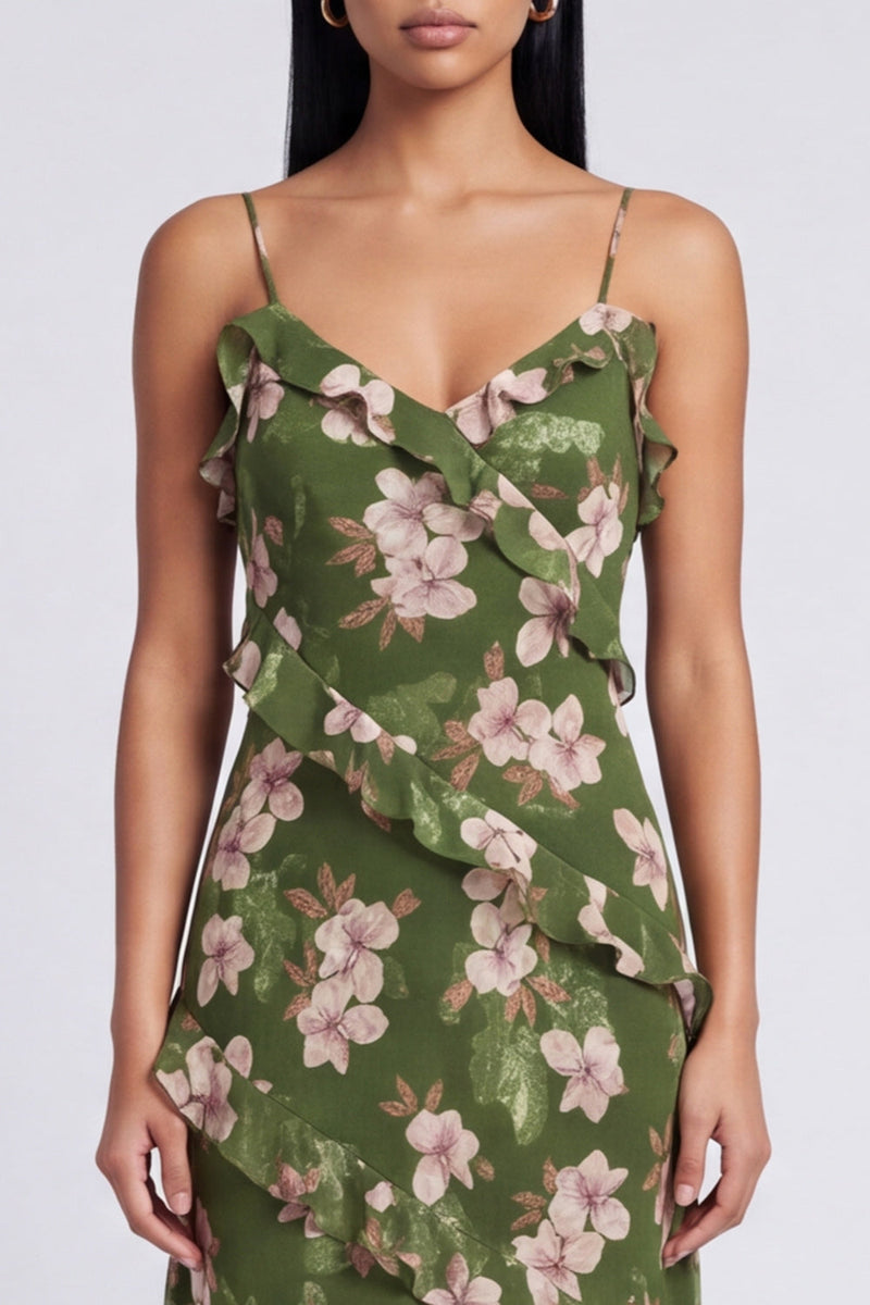 Load image into Gallery viewer, Dark Green Floral Spaghetti Straps Long A Line Formal Dress with Ruffles