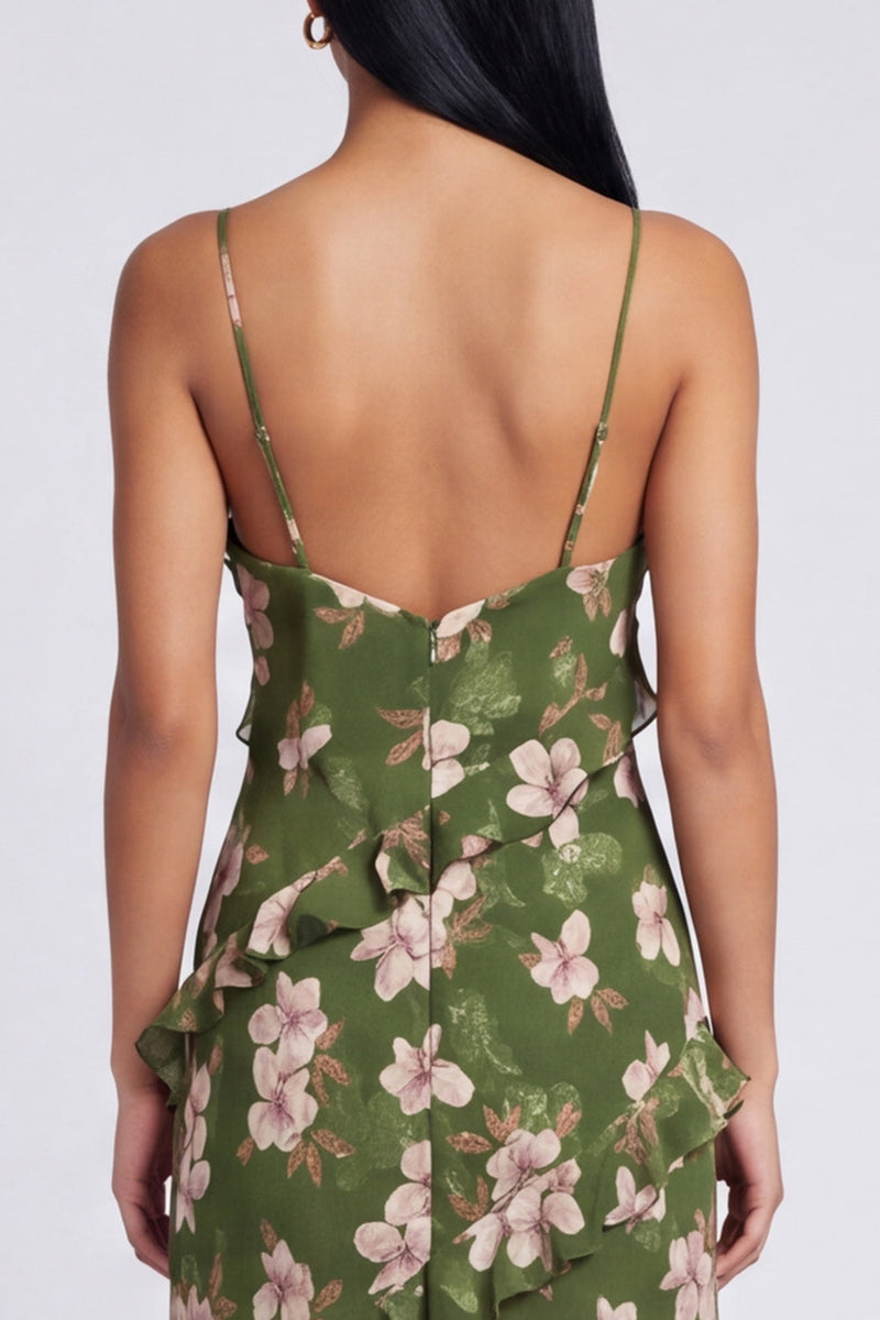 Load image into Gallery viewer, Dark Green Floral Spaghetti Straps Long A Line Formal Dress with Ruffles