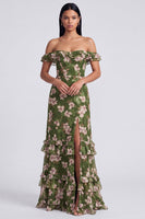 Load image into Gallery viewer, Ruffled Dark Green Floral Off the Shoulder Long A Line Formal Dress with Slit