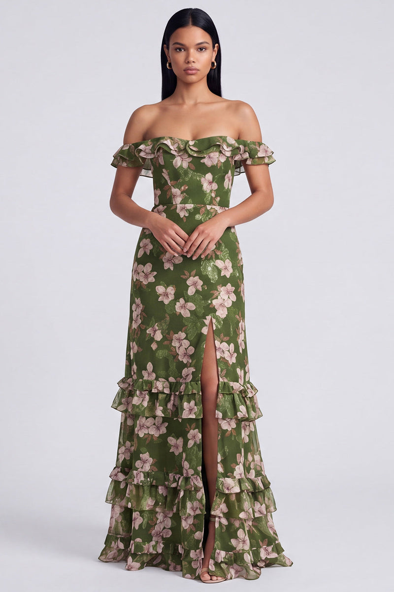 Load image into Gallery viewer, Ruffled Dark Green Floral Off the Shoulder Long A Line Formal Dress with Slit