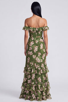 Ruffled Dark Green Floral Off the Shoulder Long A Line Formal Dress with Slit