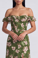 Load image into Gallery viewer, Ruffled Dark Green Floral Off the Shoulder Long A Line Formal Dress with Slit