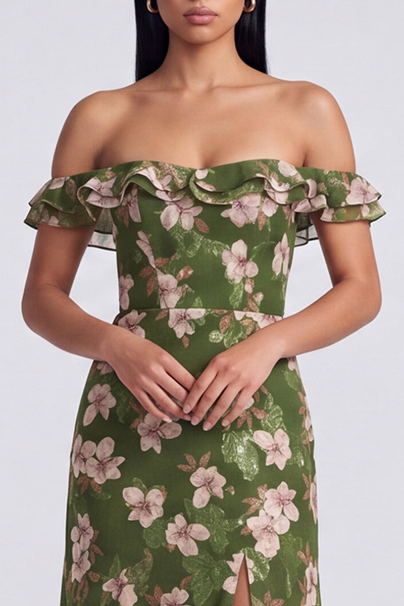 Load image into Gallery viewer, Ruffled Dark Green Floral Off the Shoulder Long A Line Formal Dress with Slit