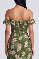 Load image into Gallery viewer, Ruffled Dark Green Floral Off the Shoulder Long A Line Formal Dress with Slit