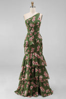 Load image into Gallery viewer, One Shoulder Dark Green Ruffled Floral Long A Line Formal Dress with Slit