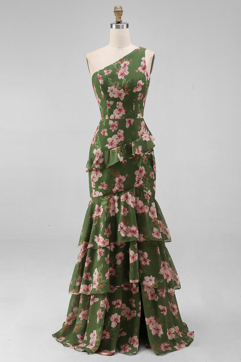 Load image into Gallery viewer, One Shoulder Dark Green Ruffled Floral Long A Line Formal Dress with Slit