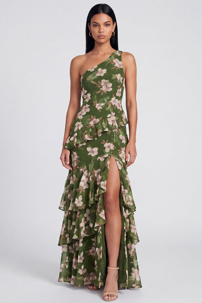 Load image into Gallery viewer, One Shoulder Dark Green Ruffled Floral Long A Line Formal Dress with Slit