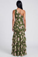 Load image into Gallery viewer, One Shoulder Dark Green Ruffled Floral Long A Line Formal Dress with Slit
