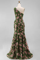 Load image into Gallery viewer, One Shoulder Dark Green Ruffled Floral Long A Line Formal Dress with Slit