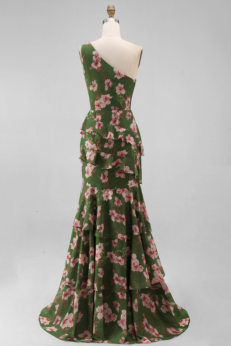 Load image into Gallery viewer, One Shoulder Dark Green Ruffled Floral Long A Line Formal Dress with Slit