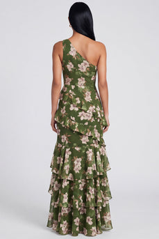 One Shoulder Dark Green Ruffled Floral Long A Line Formal Dress with Slit
