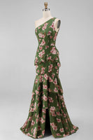 Load image into Gallery viewer, One Shoulder Dark Green Ruffled Floral Long A Line Formal Dress with Slit