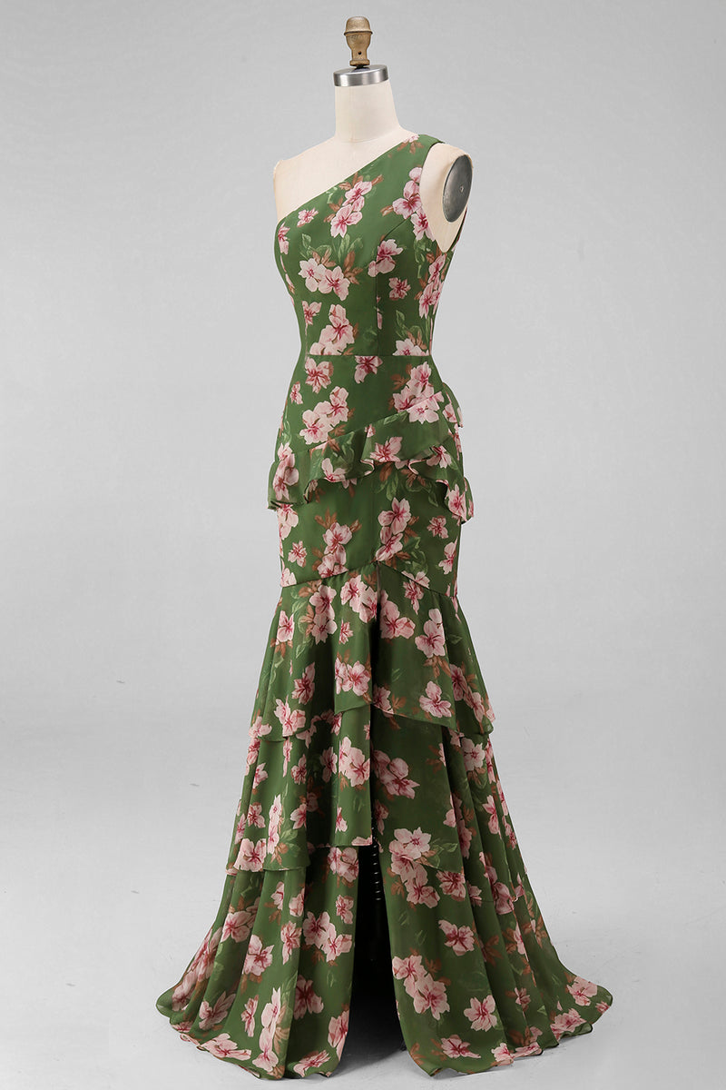 Load image into Gallery viewer, One Shoulder Dark Green Ruffled Floral Long A Line Formal Dress with Slit