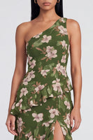 Load image into Gallery viewer, One Shoulder Dark Green Ruffled Floral Long A Line Formal Dress with Slit