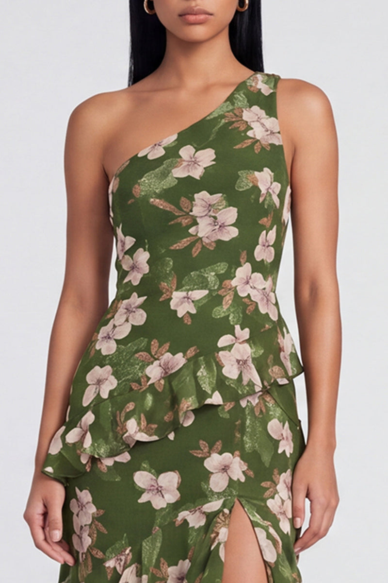 Load image into Gallery viewer, One Shoulder Dark Green Ruffled Floral Long A Line Formal Dress with Slit