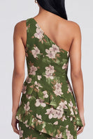 Load image into Gallery viewer, One Shoulder Dark Green Ruffled Floral Long A Line Formal Dress with Slit