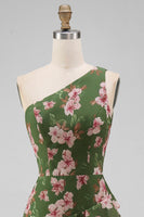 Load image into Gallery viewer, One Shoulder Dark Green Ruffled Floral Long A Line Formal Dress with Slit