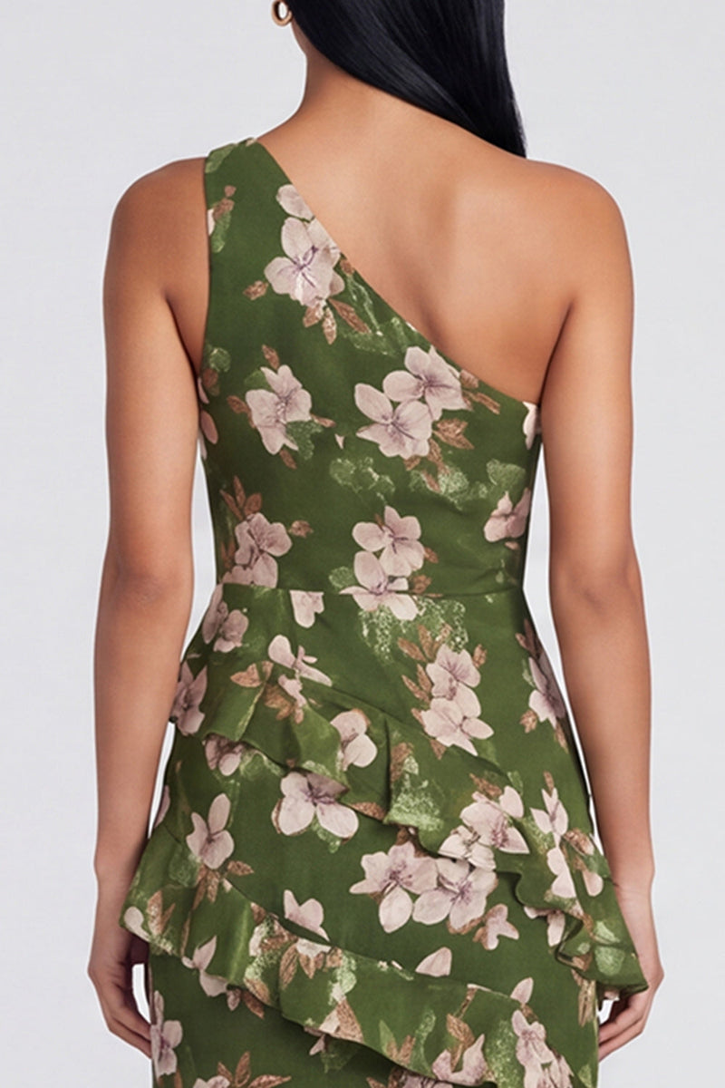Load image into Gallery viewer, One Shoulder Dark Green Ruffled Floral Long A Line Formal Dress with Slit